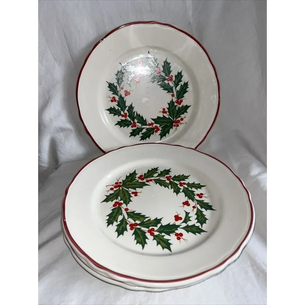 Homer Laughlin Best‎ China Christmas Plate Set Of 4 Holly Design 9 3/4
